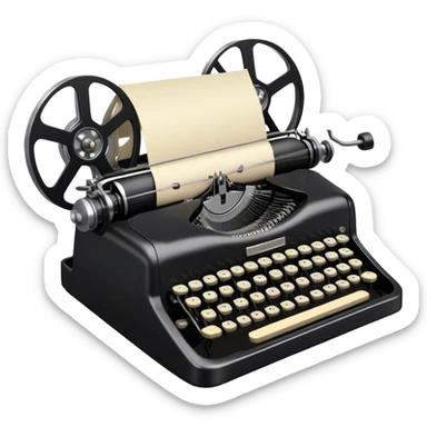 Create an emoji representing screenwriting. The design should feature an open script with visible dialogue and action lines, symbolizing the writing of a screenplay. Include a classic typewriter or a modern writing device, such as a laptop, to signify the process of creating a script. Optionally, add elements like a film reel or director's chair to emphasize the cinematic aspect of screenwriting. Use a professional color palette with black, white, and subtle metallic tones. Do not include any emojis or smiley faces. Make the background transparent. sticker