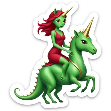 "reptilian green alien woman" in "long slim dark red dress", rides, "unicorn gold and white"
 sticker