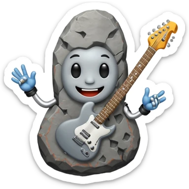 a rock with a happy face that is holding up a rock and roll hand and an electric guitar sticker