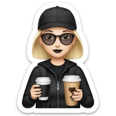 ["A happy woman with light skin, bald, wearing a baseball cap and sunglasses, dressed in goth fashion, is drinking coffee while holding a backpack."] sticker