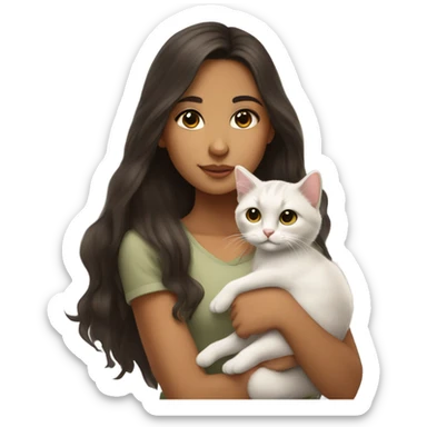 Eurasian girl with dark brown hair neutral tan olive skin long brown hair and brown eyes holding a kitten sticker