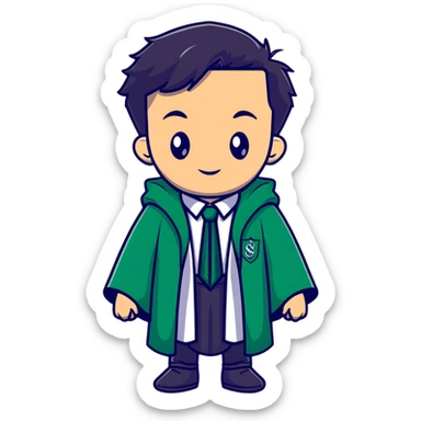 Young wizard in Slytherin uniform with green tie and robe sticker