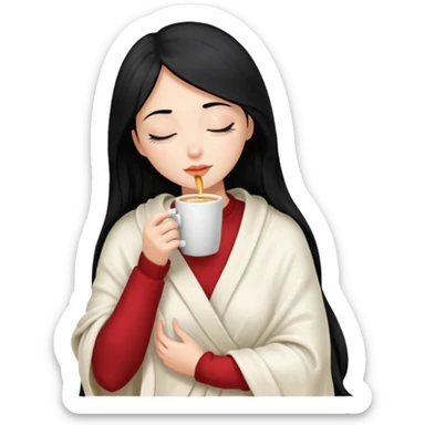 black hair girl long hair inside a white milky satin blanket sipping coffee eyes closed  sticker
