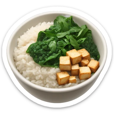 a bowl with white rice and crispy sesame tofu and spinach sticker