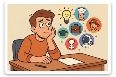 a man sitting at a desk, head resting on hand, imagining future careers, lightbulb and icons above head, flat style, colorful sticker