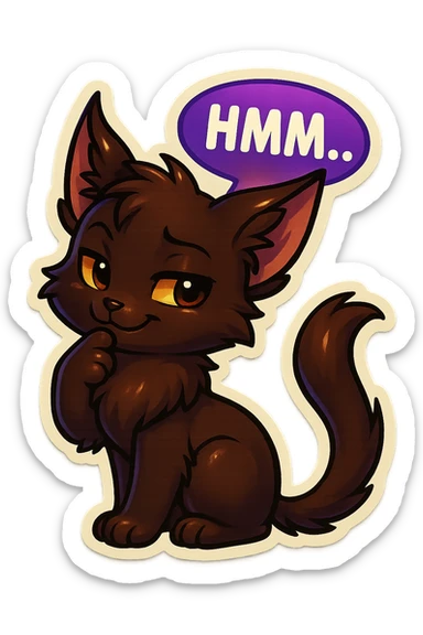 a dark-brown fluffy cute kawaii anime cat with tufted ears and a long thin tufted tail, thinking, smirking thoughtfully, saying “Hmm..” with a purple speech bubble, (cartoon style) (cute anime style) (furry style) (deviantArt style) (artist style: Kamirah) sticker