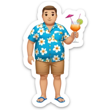 chubby guy full figure in a flowered azure havai shirt, brown shorts and flippers holding a cocktail sticker