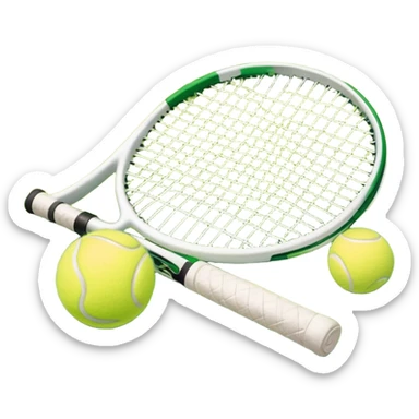 A tennis racket and a ball placed on a grassy court, with the net visible in the background. The scene captures the elegance and energy of the sport, with a vibrant green court and soft sunlight highlighting the equipment. sticker
