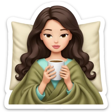 Barbie girl with a long wavy dark brown hair inside a pale olive blanket sipping coffee eyes closed sticker