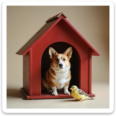 realistic red dog house with a Corgi dog inside, Corgi with a bird, photorealistic style sticker