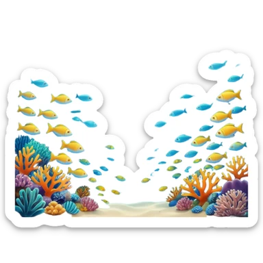 Deep-sea environment with coral reefs, schools of fish, and sea creature emojis forming intricate patterns, sunbeams penetrating water surface, gradient blues and turquoise, cinematic perspective, ultra-realistic water physics, immersive, magical ocean ambiance sticker