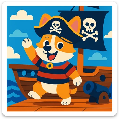 cartoon pirate corgi on a pirate ship, playful, vibrant colors sticker