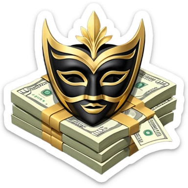 3D isometric icon, a sleek matt black Venetian mask with gold trim, resting on a single large stack of neatly bound US dollar bills, premium design, deep black background. sticker