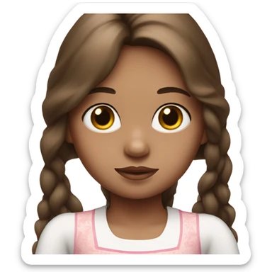 Little Girl with White skin, black eyes. Long brown hair with. She is wearing a pink and White dress sticker