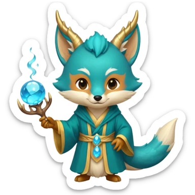 Chibi teal fox with small antler horns, confident magical expression, gold mark on forehead, teal-gold robe, holding glowing blue water orbs, with dragon tail with small antler horns sticker