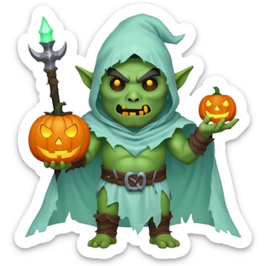male orc warrior ghost emoji, green skin, tusks, wearing torn white ghost sheet costume, holding glowing jack-o'-lantern, faint blue aura, friendly but spooky expression, Halloween fantasy theme, Apple emoji style, clean white background, square sticker
