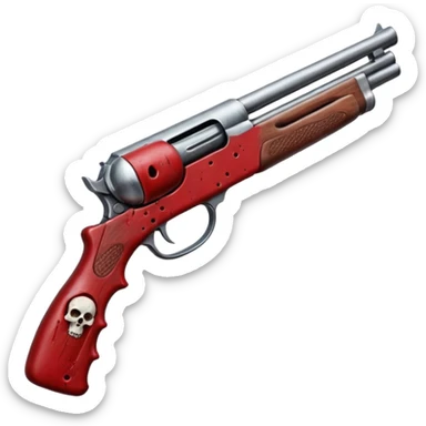 Hands on a bloody shotgun pointed out to shoot from the cameras perspective. In the style of your bloody skull art work sticker
