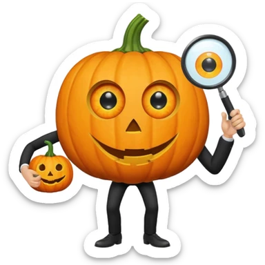 A pumpkin smiling at a magnifying glass (the magnifying glass has limbs and a suit thats black, the magnifying glass also has a eye, looks like a cyclops eye, one eye in the middle turn the magnifying glass into a living person) sticker