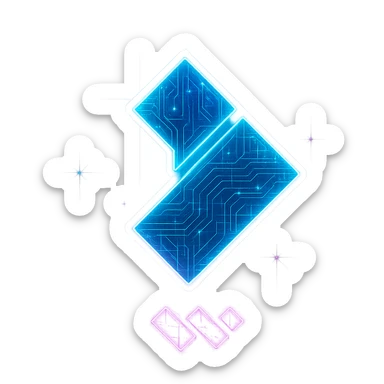 Transform the Wondershare Filmora logo into a cyberpunk style closely matching the folder icon's look. Maintain the exact design, shapes, and colors of the original Filmora logo, but add a strong neon blue and pink glow, holographic circuit patterns, and a luminous effect like the folder. The logo should be bold, filled in, and vibrant, with the cyberpunk flair overlaid on top. Only the area outside the logo should be transparent. Avoid 3D shading and keep the style flat, clean, and futuristic. sticker