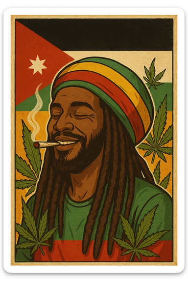 A digital vintage-style poster illustration of a Jordanian Rasta man with dreadlocks, wearing a red, yellow, green striped tam hat. He is smiling peacefully with a lit herbal spliff in his mouth. The background features the official Jordan flag — black, white, green horizontal stripes with a red triangle and a white 7-point star — accurately displayed behind him. Cannabis leaves are tastefully arranged around the composition, and the poster includes Rasta color textures blended with the Jordanian palette. Use a retro poster style with warm, slightly aged textures, bold outlines, and soft shading to evoke a soulful reggae vibe that honors both Jordanian pride and Rasta spirit. The mood is chill, powerful, and respectful sticker