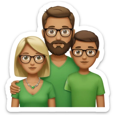 A family consisting of a man who's bearded, tanned, wearing glasses, a woman, slightly tanned, and a 14 year old teenage boy, slightly tanned, wearing a green t-shirt sticker