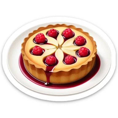 part de clafoutis pommes pires surmonté de coulis de fruits rouges et de miettes de pain d'épices. La part est contenue dans une petite assiette bordeaux sticker