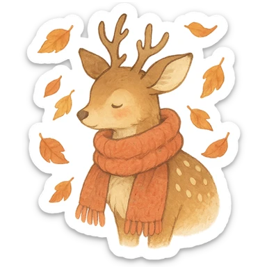 deer in a wooly scarf among falling leaves, cozy fall palette, soft pastel, ghibli style sticker