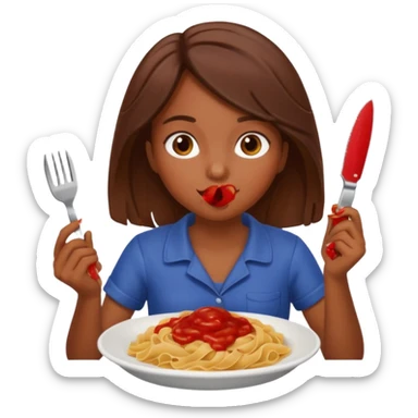 Brown skin Weird girl with brown hair eating pasta holding ketchup and a knife  sticker
