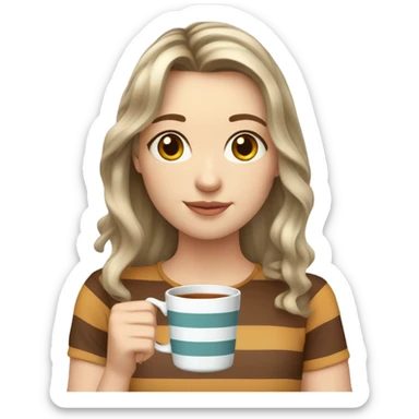 White girl Girl in her 20's, bangs, wavy hair, ash colored hair, a striped shirt drinking tea sticker