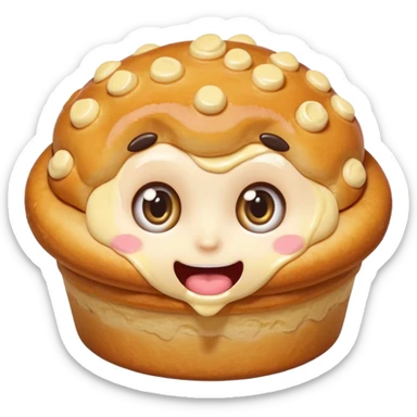 Funny cartoon mini pastry, slightly messy and squished, big round eyes, wide open mouth, playful surprised expression, text above: "ПАСТИЧКА", chibi style, Twitch emoji style, transparent background, colorful

 sticker