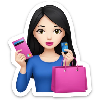 Girl with long black hair and pink lipstick holding shopping bags and credit card sticker