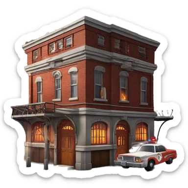 Very old dilapidated Firehouse building shaped like the Ghost Busters Firehouse with solar lights and decorative and detailed interior design with police barricades and police barriers around it  sticker