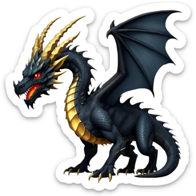 Massive ancient black dragon with obsidian scales, scarred powerful wings, glowing gold eyes, long curved horns, spiked neck ridges, and a brutal morningstar tail. Intimidating, muscular, regal presence. sticker