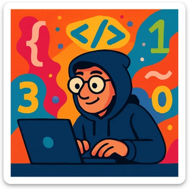 programmer in a dark hoodie, surrounded by code symbols, vibrant toon style sticker