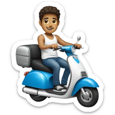 hispanic boy wearing a white tank top and jeans and rides a blue small scooter sticker