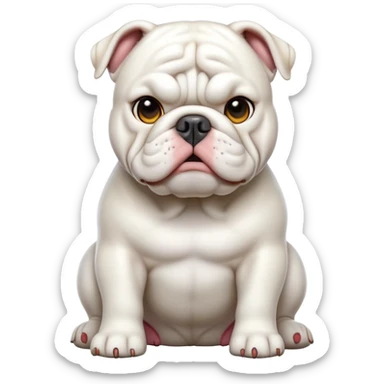 cinematic-[solid white english bulldog]-realistic-full-body-sitting-emoji,-tail-resting-loosely-beside-its-paws,-head-tilted-dramatically,-sleek-[solid white]-fur,-simplified-yet-realistic-focused-features,-highly-detailed,-glowing-with-an-almost-sarcastic-glow sticker