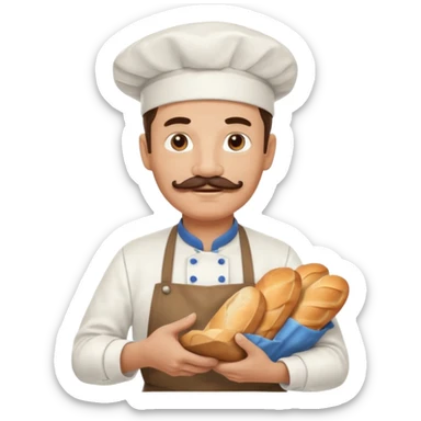 Middle aged male pastry chef - with a mustache, apron, white hat, holding a bag of bread sticker