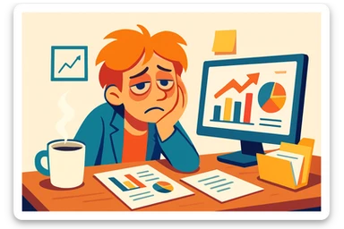 tired marketer slumped at desk with bags under eyes and coffee cup in a modern cartoon style sticker