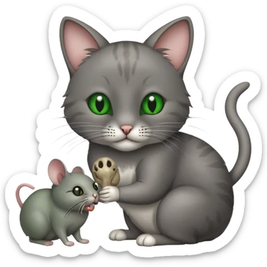A cat holding a gray dead mouse in its mouth sticker