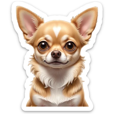 Cinematic Grumpy Fawn Short Haired Chihuahua Portrait Emoji, Head tilted slightly with a deeply unimpressed expression, thick fawn fur with a slight sheen, large, droopy dark eyes narrowed into an unamused glare, ears slightly drooping in exasperation, Simplified yet comically expressive features, highly detailed, glowing with a dry, sarcastic glow, high shine, effortlessly judgmental yet dignified, stylized with a touch of cynicism, bright but brooding, soft glowing outline, capturing the essence of an eternally unimpressed yet endearing pup, so lifelike it feels like it could sigh heavily at you in disdain at any moment! sticker