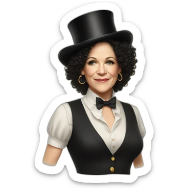 Susie Essman wearing a top hat, a 70s vest, and hoop earrings sticker