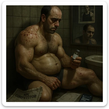 A 35-year-old bodybuilder sits shirtless on a bathroom floor, clutching an empty vial labeled "Test E 250mg". His physique shows the paradox of PED abuse: bloated stomach (high estrogen), but zero exceptional muscle gains.  

Hyper-detailed elements:  
- **Needle marks** (track lines) on glutes with fresh bruising  
- **Acne clusters** on shoulders (CYP-induced)  
- **Lab papers** showing crashed LH/FSH (HPTA suppression)  
- **Phone screen** glowing with forum posts: "No risultati in 8 weeks"  

The mirror reflects his exhausted face (dark circles, receding hairline) contrasting with gym selfies on the wall showing his younger natural self. A torn "NPC Competitor" certificate floats in dirty water.  sticker