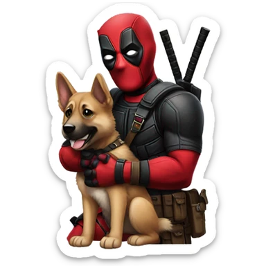 Deadpool holding a German shepherd puppy sticker