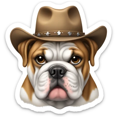 Sitting English bulldog wearing a cowboy hat sticker