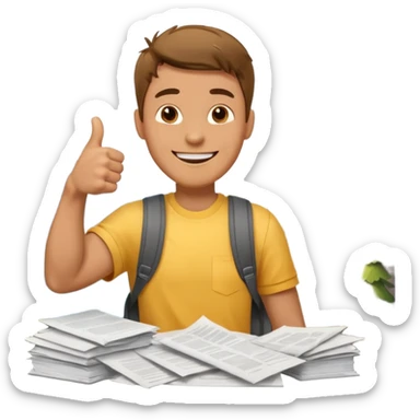 man standing on a mountain of papers, showing a thumbs up sticker