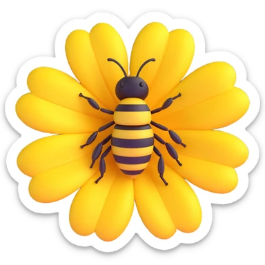Redraw this close-up photo of a large yellow flower with a bee in the center in a volumetric 3D iOS cartoon style: bright colors, cartoonish shapes, clean modern background, emphasis on volume and light-shadow play. sticker
