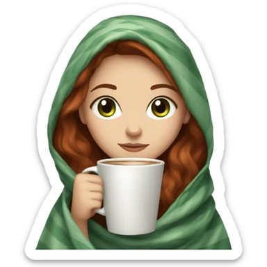 Fair skin girl, Auburn hair green eyes wrapped in a blanket, drinking coffee sticker