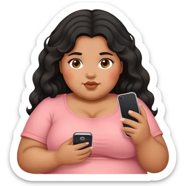 Fat girl with black wavy hair holding phone tan and blush a little sticker