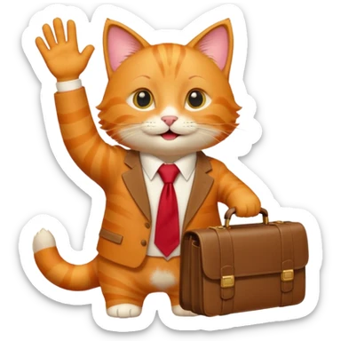 happy cat with a red tie and briefcase, waving sticker
