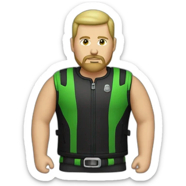 round headed white male biker wearing black and green with bottom goatee sticker